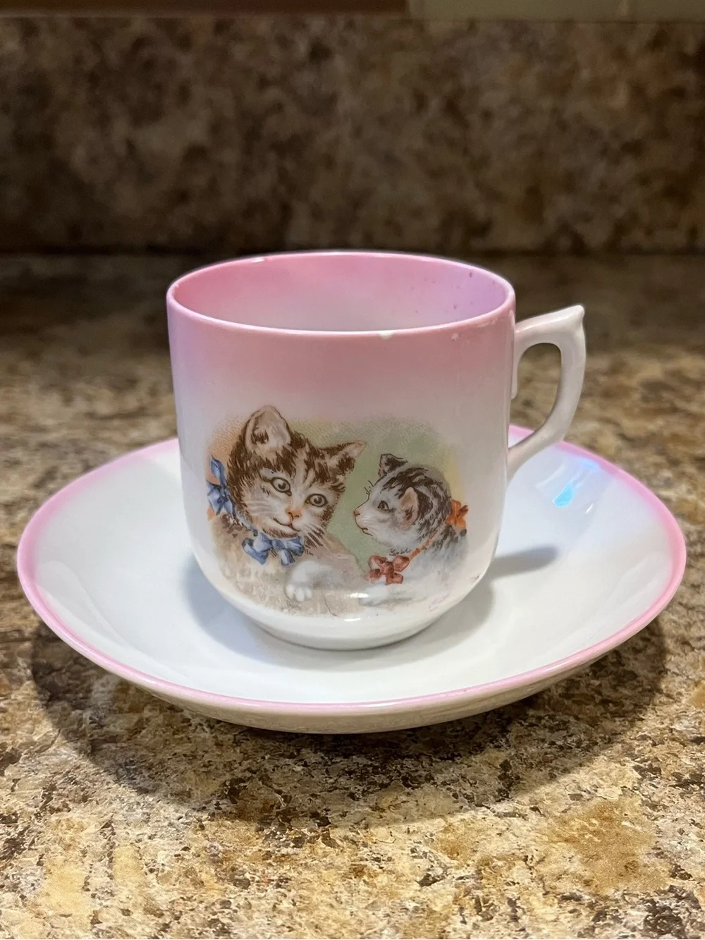 Vintage Pink Cat Demitasse Cup and Saucer Tabby Cats with Bows